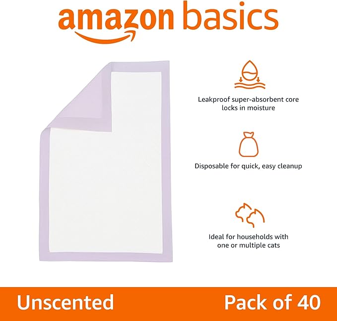 Amazon Basics Cat Litters Pee Pads, 40 Count, Universal Fit for Litter Box, Odor Control, Unscented, Purple-PawvioPets