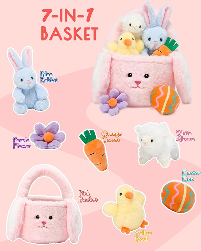 7 Piece Plush Stuffed Animals Playset Toys with Rabbit, Chick, Lamb, Carrot, Egg, Flower, Furry Bag, Soft Basket Set Toys for Girls Kids Ages 3+, Birthday Christmas Valentines Easter Party Favors-PawvioPets