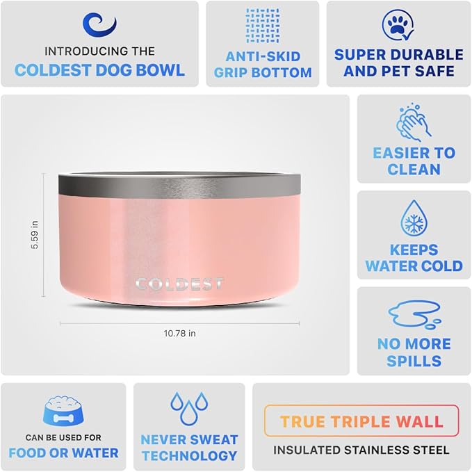 Coldest Dog Bowl - Anti Rust Metal, Non Slip, 3 Layers Insulated Stainless Steel Dog Bowls - Spill Proof & Heavy Duty - Water Bowl for Dogs, Cats, Dish Washer Safe (200 oz, Forever Pink Glitter)-PawvioPets