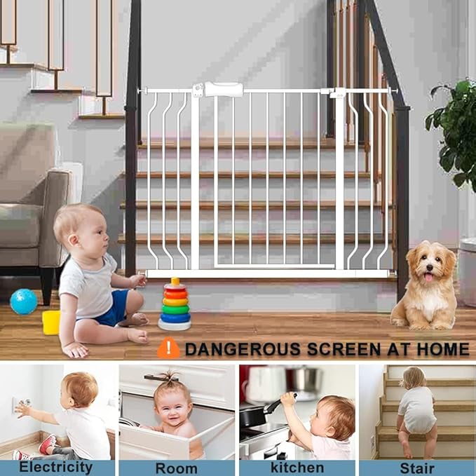 Narrow Baby Gate 24 to 29 Inch Wide Pet Gate Pressure Mounted No Drill Safety Gate Walk Through Metal Child Gate for Kids Stairs or Pets Indoor White-PawvioPets