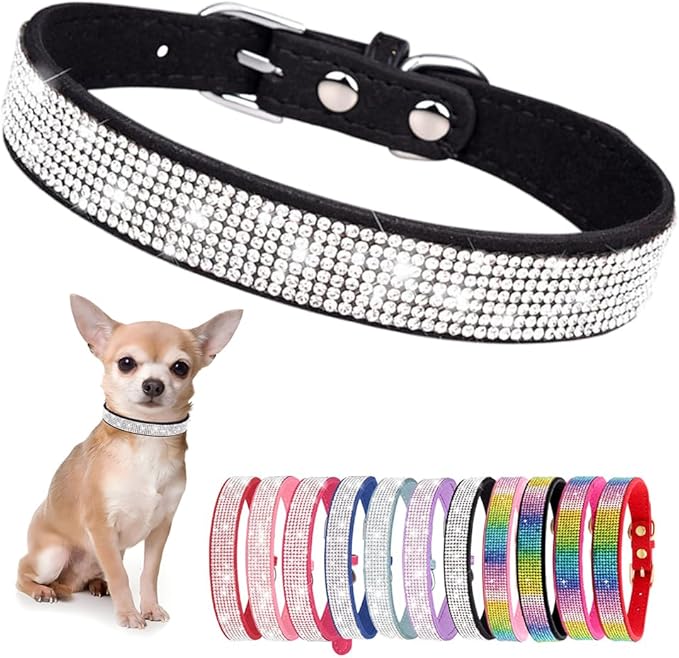 Cute Dog Collar with Bling Rhinestone, Fancy Crystal Diamond Glitter Pretty Jewel Soft Cat Collars for Small Medium Large Breed Dogs Girl Female Pet Puppy Kitten Terrier, Black XXL-PawvioPets