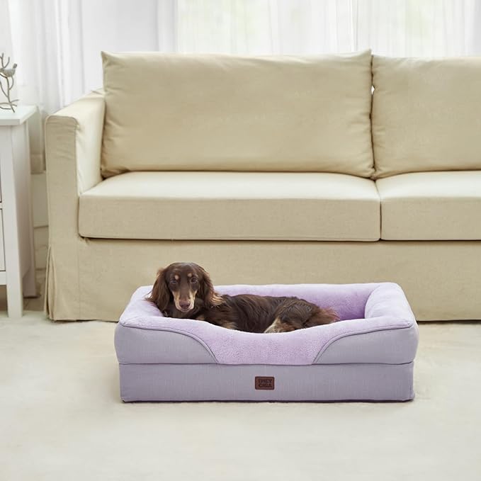 EHEYCIGA Memory Foam Dog Bed for Large Sized, Orthopedic Dog Sofa with Sides and Waterproof Liner, Washable Bolster Pet Couch with Removable Cover, 41x27x7.5 Inch, Purple-PawvioPets