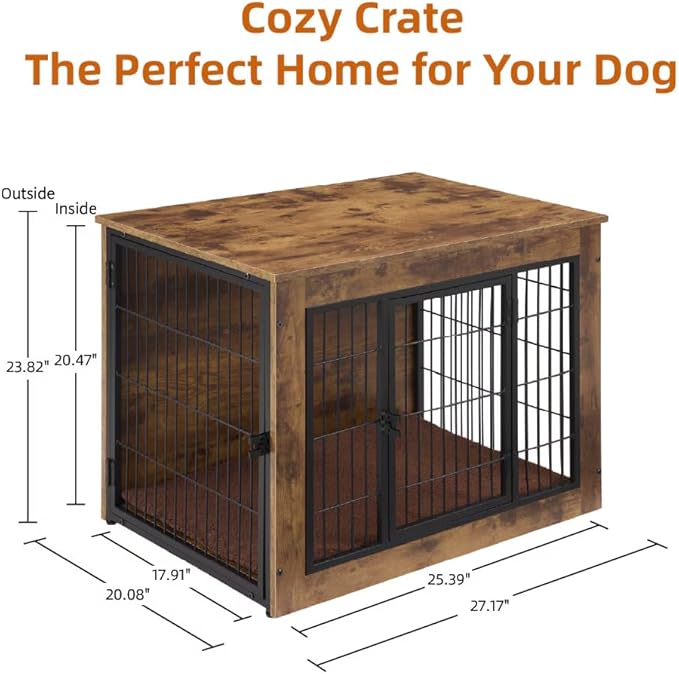FLEXIMOUNTS Dog Crate Furniture with Cushion, Wooden Dog Kennel Furniture, Heavy Duty Dog Cage, 27" Dog Kennel with Double Doors-PawvioPets