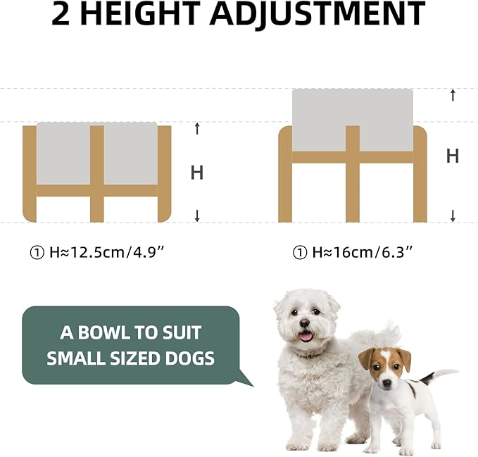 Ceramic Raised Double Bowls Set with Stand, 2 Heights Elevated, Food & Water Bowls for Small Breed Dogs, Weighted Dog Dishes, Pet Bowl(6.1'',28.7oz, Grey)-PawvioPets