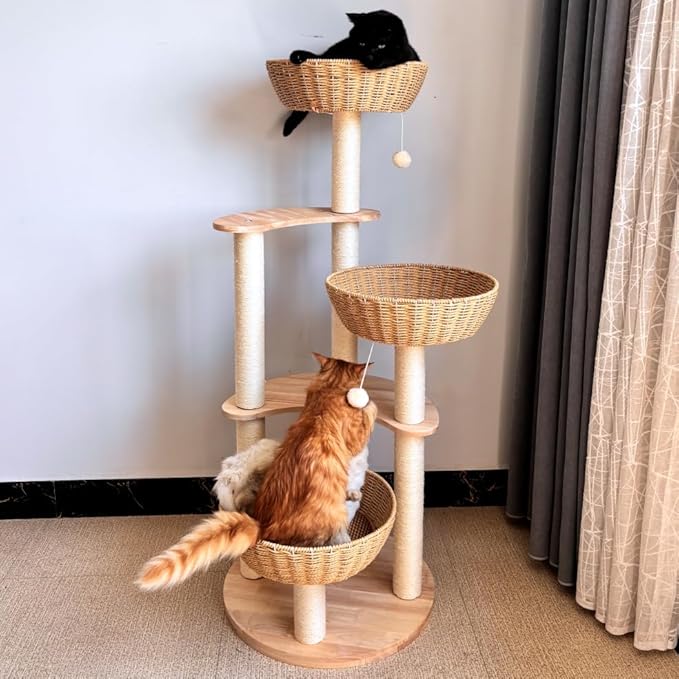 54" Large Modern Cat Trees, Luxury Rattan Oak Solid Wood Cat Trees Towers，3 Weaving Cat Nests & Washable Cool Cushions, Sisal Scratching Posts,Cat Condo for Indoor Cats- Wood Wax Oil Version-PawvioPets