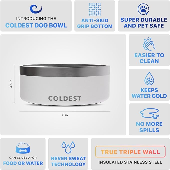 Coldest Dog Bowl - Anti Rust Metal, Non Slip, 3 Layers Insulated Stainless Steel Dog Bowls - Spill Proof & Heavy Duty - Water Bowl for Dogs, Cats & Pets, Dish Washer Safe (64 oz, Epic White)-PawvioPets