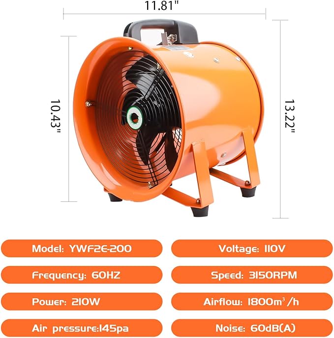 8-Inch High-Velocity Portable Utility Blower Fan, Industrial Exhaust Fan with 33ft Flexible Duct Hose, 3150 RPM Low-Noise Ventilator for Basements, Workshops, Warehouses, and Confined Spaces-PawvioPets