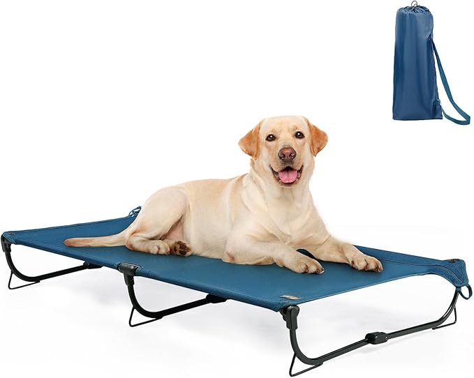 Folding Raised Dog Cot, Large Outdoor Elevated Dog Bed, Cooling Chew Proof Pet Cots Bed, Portable, Heavy Duty Up to 160 lbs, Pet Cot for Camping, Home, Dark Blue, 43"x27"x7"-PawvioPets