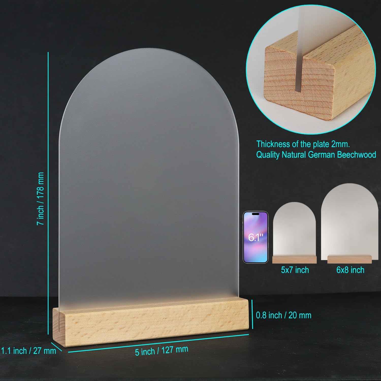 Frosted Blank Arch Acrylic Sign with Wooden Stands - 10 Pack DIY Customizable Sign Kit for Wedding Table Numbers, Restaurant Party Bridal Shower (5x7 Inch)