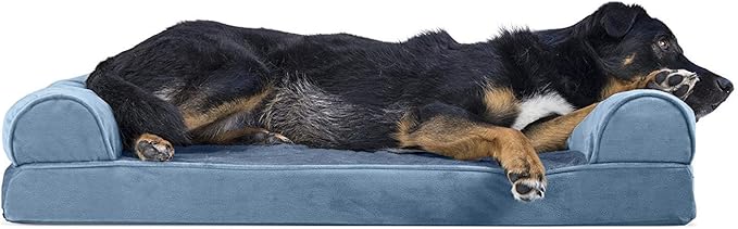 Furhaven Cooling Gel Dog Bed for Large/Medium Dogs w/ Removable Bolsters & Washable Cover, For Dogs Up to 55 lbs - Faux Fur & Velvet Sofa - Harbor Blue, Large-PawvioPets