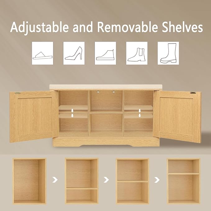DINZI LVJ Shoe Bench, Entryway Storage Bench with Doors, Cushion, 2-Tier Shoe Rack with 6-Cubby, 31.5”L x 13.8”W Shoe Organizer Cabinet, Adjustable Shelf, Living Room, Bedroom, Natural-PawvioPets
