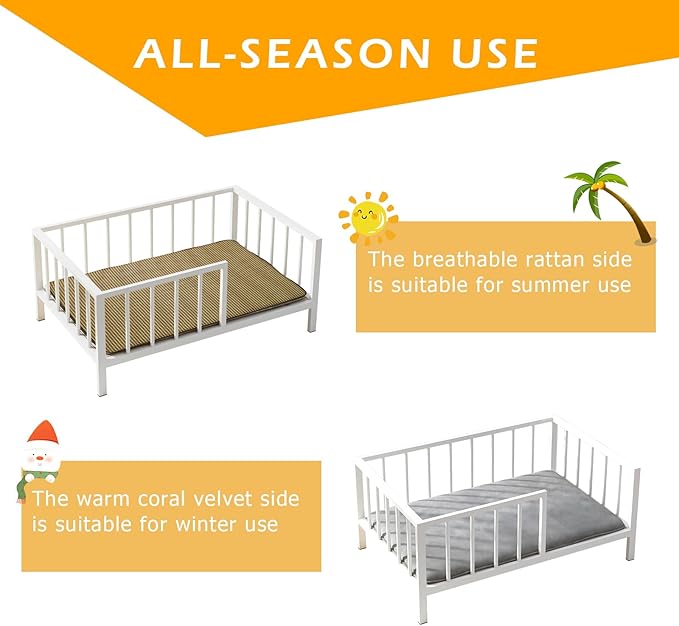 Dog Bed with Rails - Elevated Pet Metal Bed Frame with Solid Wood Board and Washable Soft Mat for Medium Dog Indoor or Outdoor Use, 25.2" x 37.8", White-PawvioPets