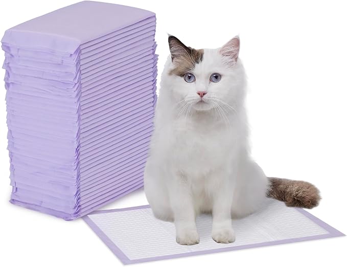 Amazon Basics Cat Litters Pee Pads, 40 Count, Universal Fit for Litter Box, Odor Control with Lemon Scent, Purple and White-PawvioPets