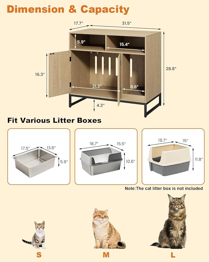 Cat Litter Box Enclosure, Large Hidden Pet Storage Cabinet Furniture with Waveform Fluted Doors & Scratching Pad, Modern Wooden Cat House Indoor for Washroom, Living Room, Bedroom, Natural-PawvioPets