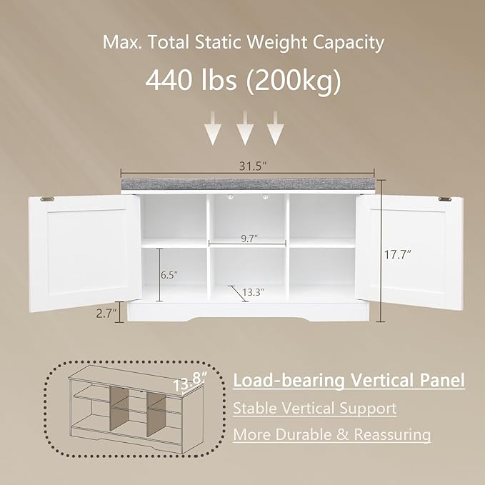 DINZI LVJ Shoe Bench, Entryway Storage Bench with Doors, Cushion, 2-Tier Shoe Rack with 6-Cubby, 31.5”L x 13.8”W Shoe Organizer Cabinet, Adjustable Shelf, Living Room, Bedroom, White-PawvioPets