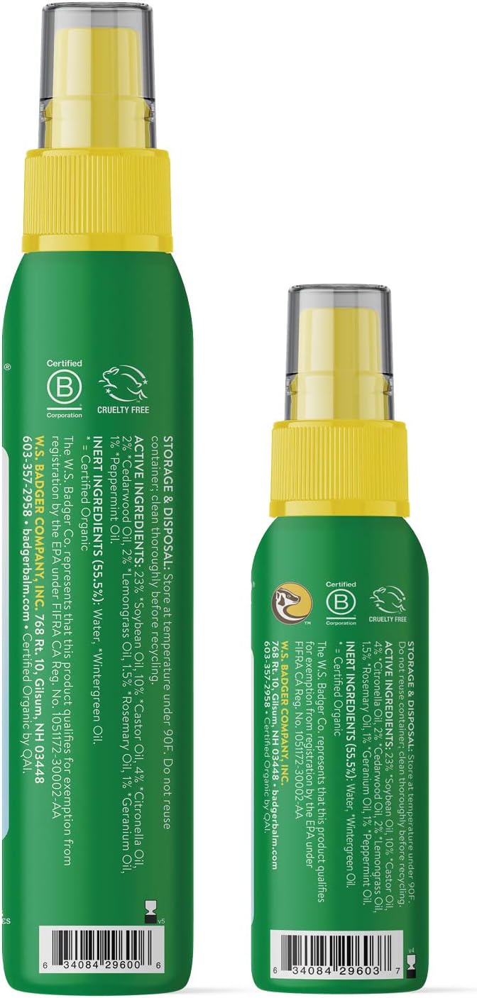 Badger Bug Spray, Family Friendly All Natural Mosquito Repellent w/Organic Essential Oils, Great Smelling Citronella Spray, Effective for 3 Hours, Combo 2-Pack 4 fl oz + 2.7 fl oz-PawvioPets