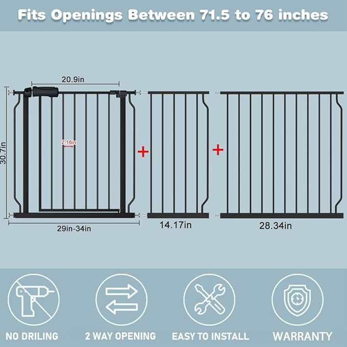 Extra Wide Baby Gate 71.6-76.37 Inch Black, Walk Through Pressure Mounted No Drill Long Large Tension Metal Gate for Dog and Toddler-PawvioPets