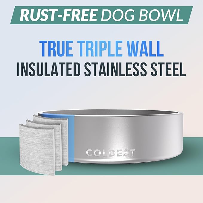 Coldest Dog Bowl - Anti Rust Metal, Non Slip, 3 Layers Insulated Stainless Steel Dog Bowls - Spill Proof & Heavy Duty - Water Bowl for Dogs, Cats, Dish Washer Safe (42 oz, Polished Stainless Steel)-PawvioPets