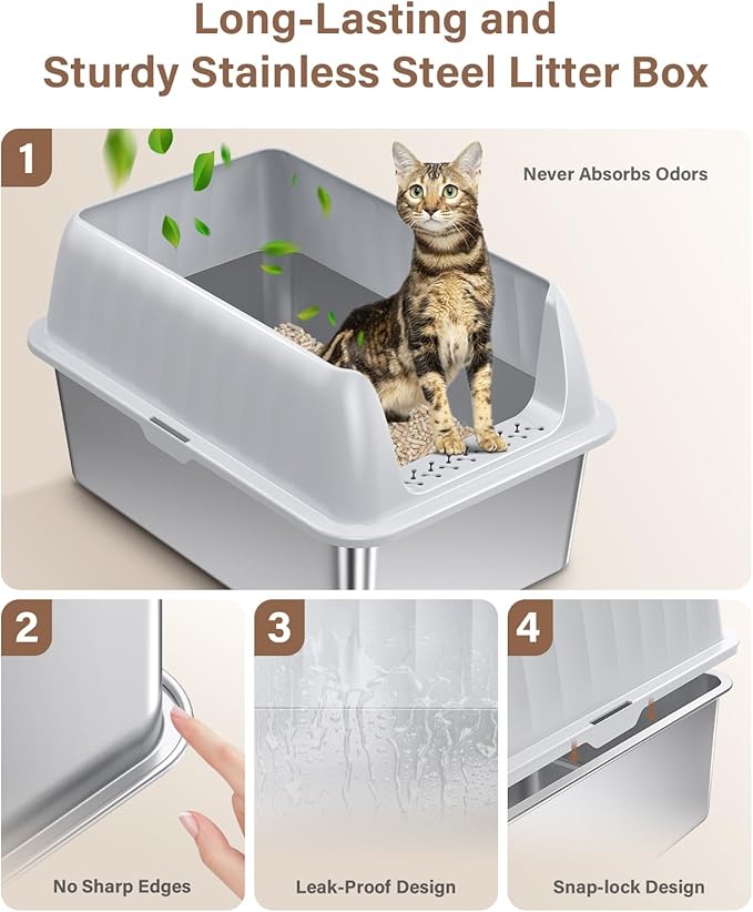Cat Litter Box Stainless Steel XL with Lid, Enclosed Metal Extra Large Litter Box Pan High Sided with Scoop for Big Cats, Non-Sticky, Anti-Urine Leakage, Easy Cleaning-PawvioPets