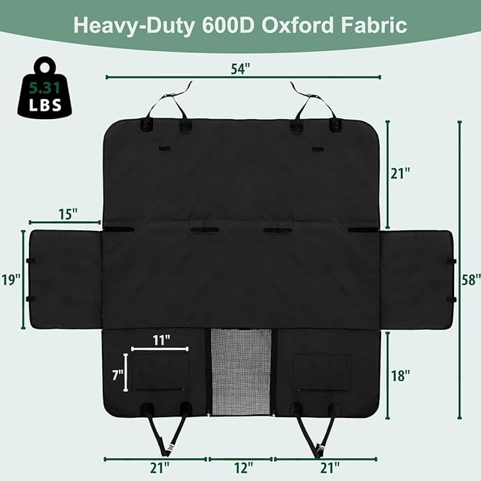 Dog Car Seat Cover for Back Seats 100% Waterproof with Metal Buckle Mesh Window Scratch Proof Heavy Duty Rear Backseat Protector Hammock for Pet, SUV Truck Vehicle Accessories, 54" x 58", Black-PawvioPets