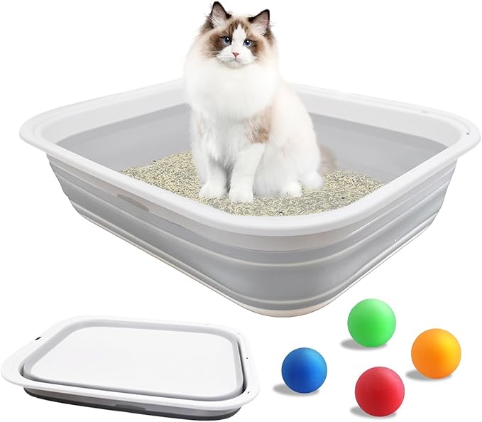 Collapsible Cat Litter Box,Open Potty Pan Cat Toilet Foldable Portable Cats Litter Box Travel Litter with Scoop,Waterproof Low Entrance for Kitten and Cat Toilet Easy Clean 17.7"×13.4"x4.9"(Grey)-PawvioPets