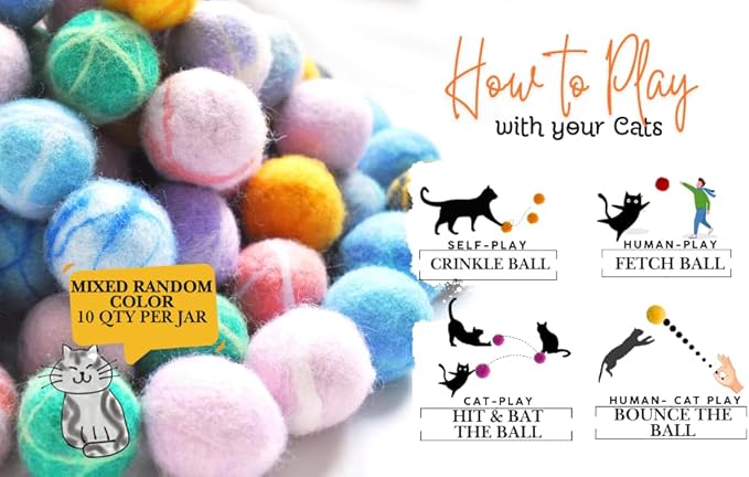 Felt Wool Cat Toys Ball with Catnip and Bell, Natural Handmade cat Toys Ferret Toys cat Gift Basket (Felt Wool Mixed in Jar)-PawvioPets