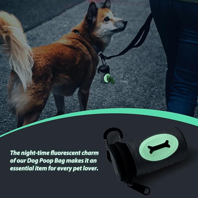 Glow Dog Poop Bag Holder for Leash Doggie Waste Bag Dispenser Puppy Potty Carrier Small Doggy Zipper Pouch with Carabiner Clip 1680D Nylon Oxford with 1 Roll of Pet Trash Bags, Silver-PawvioPets