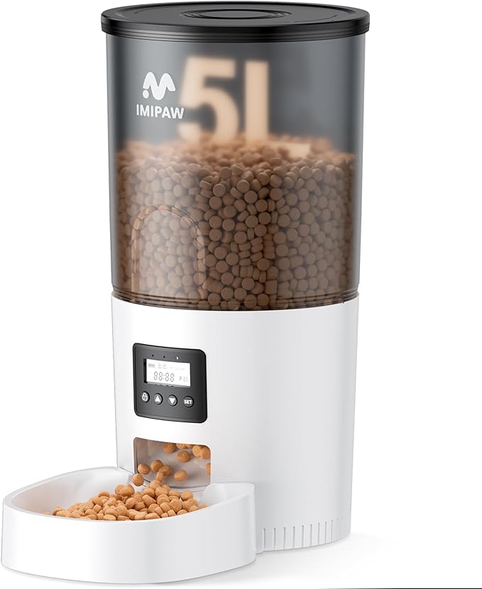 Automatic Cat Feeders, 5L Large Capacity, Timed Feeding Dry Food, Dual Power Design, Programmable Portion Size, 1-6 Meals Per Day, with Desiccant Packet, Suitable for Small Pets Food Dispenser-PawvioPets