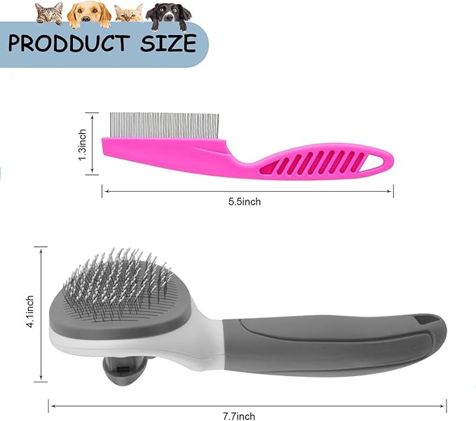 Cat Brushes for Indoor Cats, Dog Brush for Shedding with Metal Cat Comb, Self Cleaning Pet Hair Brush with Release Button for Grooming Kitten(Dark Grey)-PawvioPets