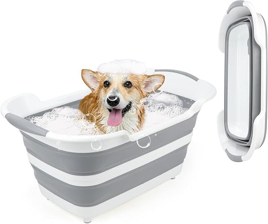 FHTONGE 7.13 Gal/27L Raised Collapsible Dog Bathtub with Drain Hair Catcher, Multifunctional Pet Washtub for Small to M Dog, Portable Puppy Tub Cat Shower Basin Laundry Basket Storage Organize Bucket-PawvioPets