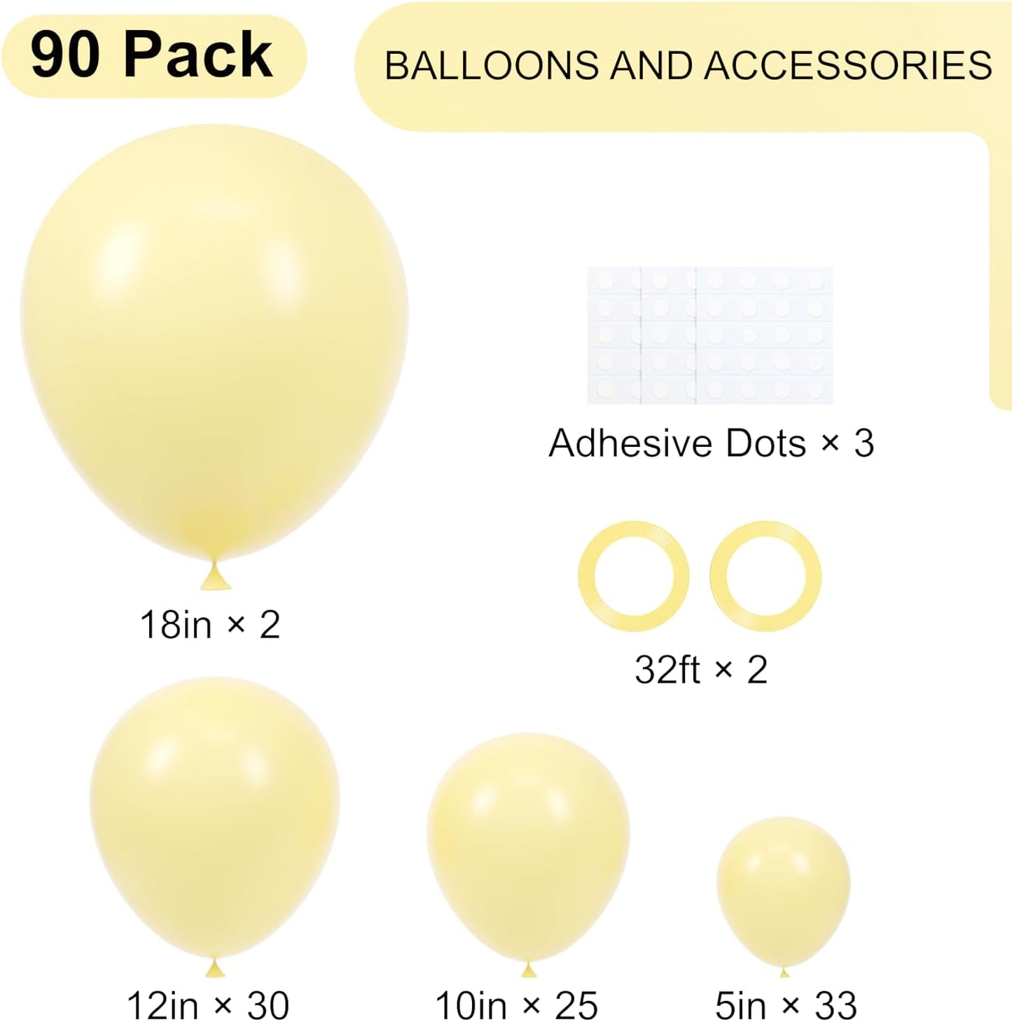 90pack Pastel Yellow Balloons Different Size 18/12/10/5 Inch Pastel Yellow Balloon Garland Arch Kit for Graduation, Wedding, Birthday, Princess, Baby Shower, Anniversary Party Decorations