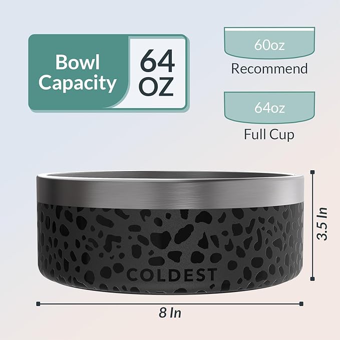 Coldest Dog Bowl - Anti Rust Metal, Non Slip, 3 Layers Insulated Stainless Steel Dog Bowls - Spill Proof & Heavy Duty - Water Bowl for Dogs, Cats & Pets, Dish Washer Safe (64 oz, Black Leopard)-PawvioPets