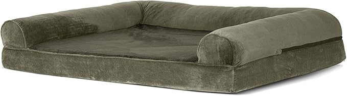 Furhaven Cooling Gel Dog Bed for Large Dogs w/ Removable Bolsters & Washable Cover, For Dogs Up to 95 lbs - Faux Fur & Velvet Sofa - Dark Sage, Jumbo/XL-PawvioPets