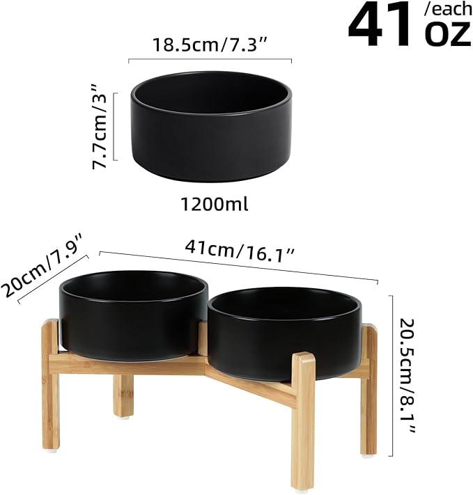 Ceramic Raised Double Bowls Set with Stand, Food & Water Bowls for Medium Breed Dogs, Weighted Dog Dishes, Pet Bowl(7.3'',41OZ, Black)-PawvioPets