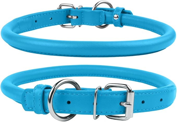 CollarDirect Rolled Leather Dog Collar, Soft Padded Round Puppy Collar, Handmade Genuine Leather Collar Dog Small Large Cat Collars 13 Colors (13-16 Inch, Light Blue Textured)-PawvioPets