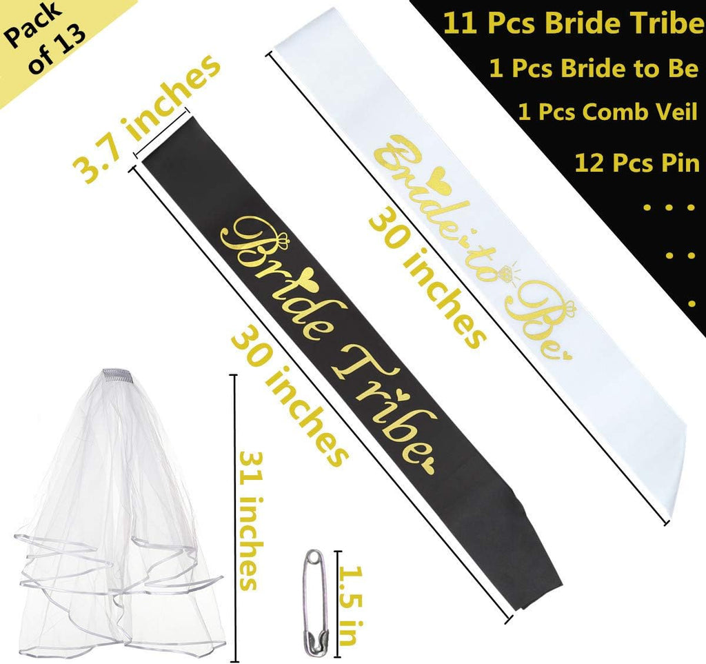 Bride Tribe Bridesmaids Sashes Sets Bachelorette Party Decorations Supplies Bridal Shower Favors Gift (Black, 12 Sash with 1 Veil)