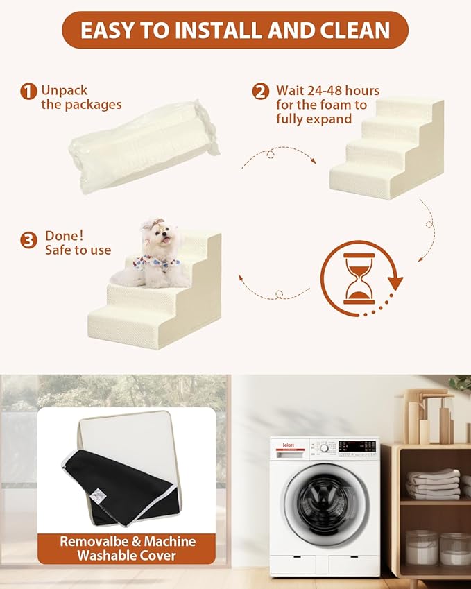 Dog Stairs for Small Dogs,13" H,3-Step Dog Steps for High Bed,Couch,Pet Stairs for Dogs and Cats Climbing with Non-Slip Bottom and Washable Cover,Beige-PawvioPets