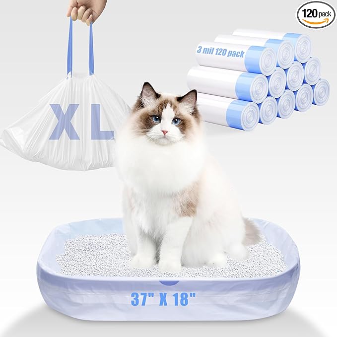 120 Pack Jumbo Cat Litter Bags-3MIL Extra Thick Leakproof Litter Box Liners, 37"x18" Heavy Duty Drawstring Cat Litter Liners for Automatic Litter Box, Odor Control Disposable Kitty Litter Bags 12 Roll-PawvioPets