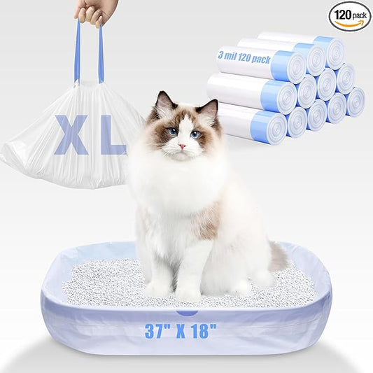 120 Pack Jumbo Cat Litter Bags-3MIL Extra Thick Leakproof Litter Box Liners, 37"x18" Heavy Duty Drawstring Cat Litter Liners for Automatic Litter Box, Odor Control Disposable Kitty Litter Bags 12 Roll-PawvioPets