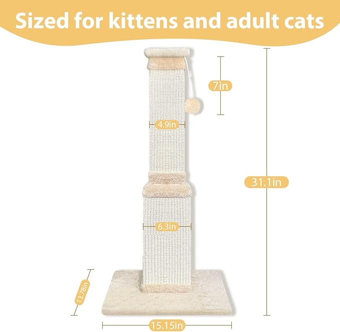AGYM Cat Scratching Post, 32 Inch Cat Scratching Post for Large Cats, Scratching Posts for Indoor Cats Adults, Cat Scratch Post with Nature Sisal, Beige-PawvioPets