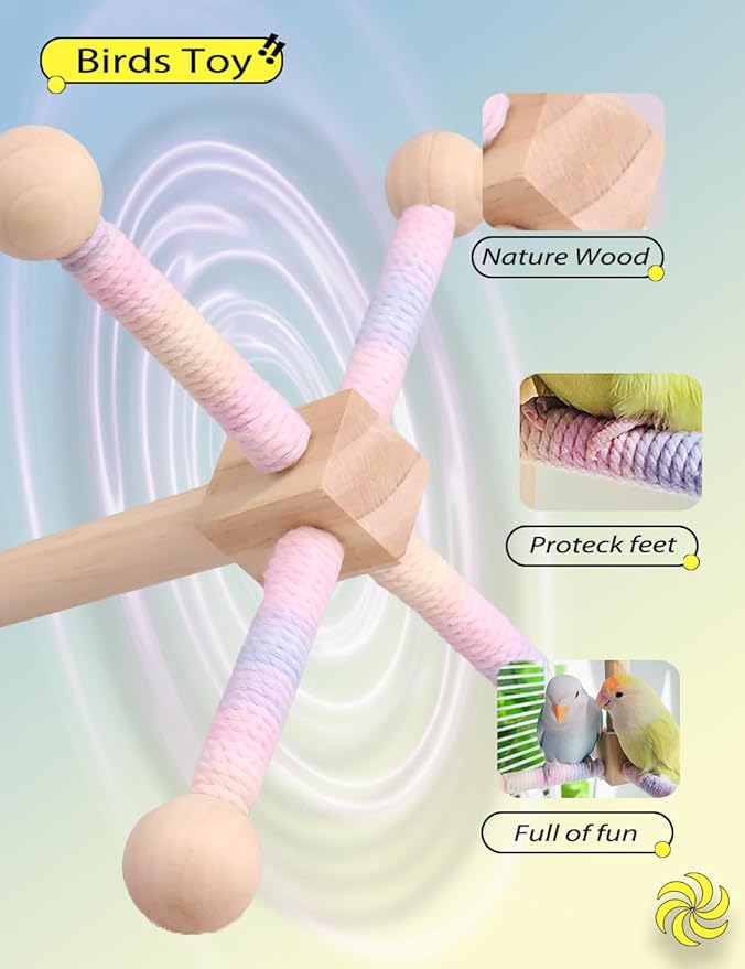 Bird Stand Perch Toy, 360° Rotating Natural Wooden Parrot Perch for Bird Cages, Colorful-PawvioPets