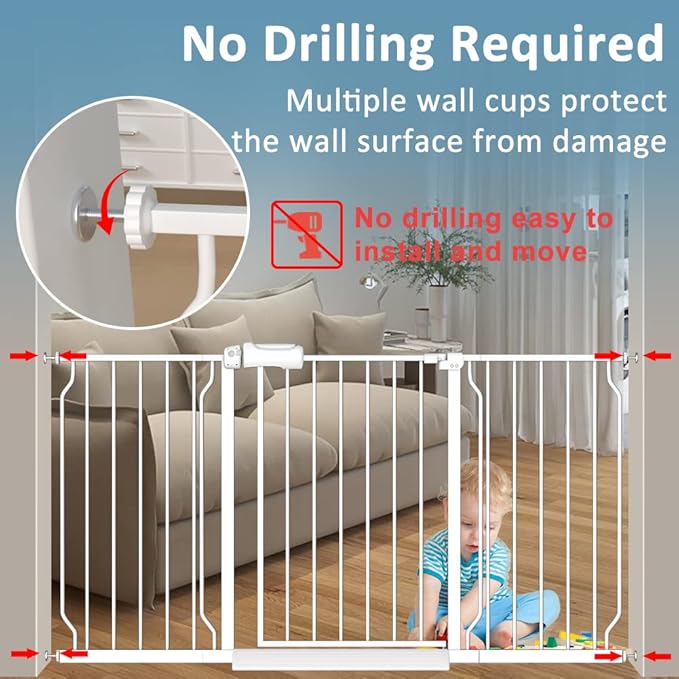 Narrow Baby Gate 24 to 29 Inch Wide Pet Gate Pressure Mounted No Drill Safety Gate Walk Through Metal Child Gate for Kids Stairs or Pets Indoor White-PawvioPets