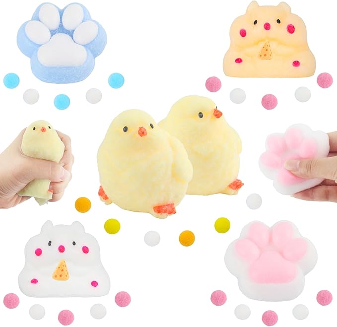 6 Pcs Taba Squishy , Kit Squeeze Toy ,Include Squishies( 2 Cat Paws & 2 Chick,2 Hamster), Soft Stress Relief Squeeze Toy,tress Relief Sensory Toy-PawvioPets
