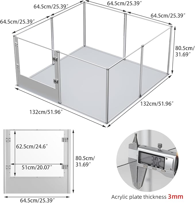 Dog Clear Playpen Fence Kennel: 32” Extra Tall Indoor Pet Birthing Cage Whelping Box with Waterproof Fertility Pad - 52”x52” Extra Large Dogs Exercise Crate Pen Made by Acrylic and Aluminum Frame-PawvioPets