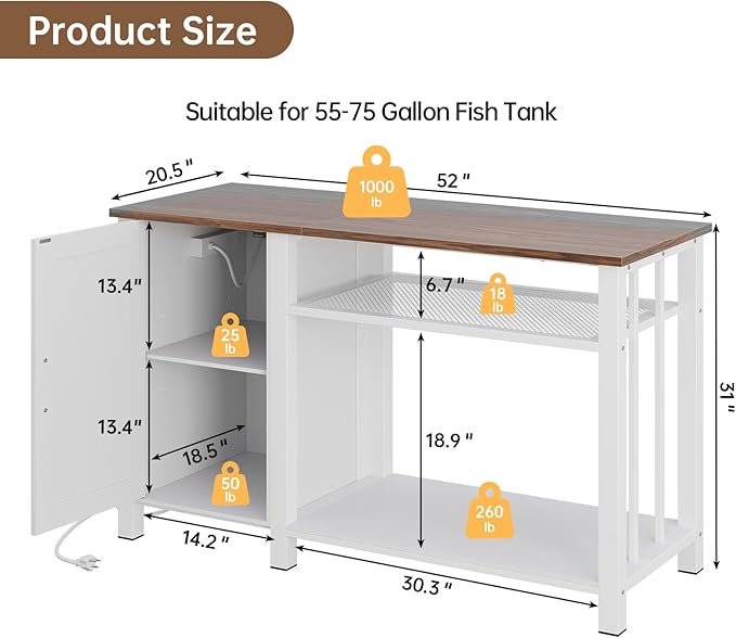 Aquarium Stand with Power Outlets, 55-75 Gallon Heavy Duty Fish Tank Stand with Cabinet Storage & Adjustable Shelf, for Fish Tank, Turtle Tank, Reptile Terrarium, 1000LBS Capacity, White-PawvioPets
