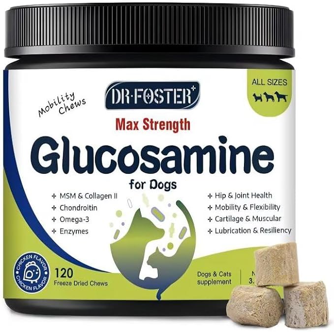 Glucosamine for Dogs, Hip and Joint Supplement for Dogs with Chicken Flavor, Anti Inflammatory, Dog's Chondroitin, Digestive Enzymes, Omega-3, Vitamin D, MSM, Calcium, Turmeric, 120 Freeze-Dried Chews-PawvioPets