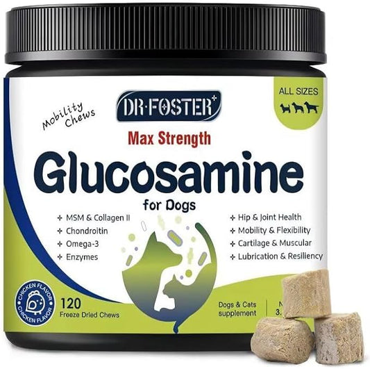 Glucosamine for Dogs, Hip and Joint Supplement for Dogs with Chicken Flavor, Anti Inflammatory, Dog's Chondroitin, Digestive Enzymes, Omega-3, Vitamin D, MSM, Calcium, Turmeric, 120 Freeze-Dried Chews-PawvioPets