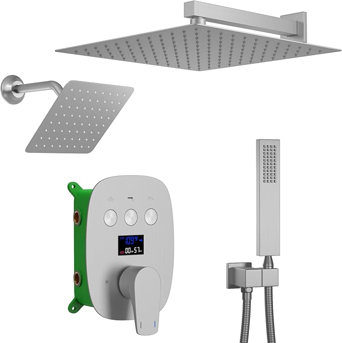Brushed Nickel Shower System Set Temperature Display Push Button Shower Faucet with 12 inch and 8 inch Wall Mount Full Body Shower Head and Handheld Shower-PawvioPets