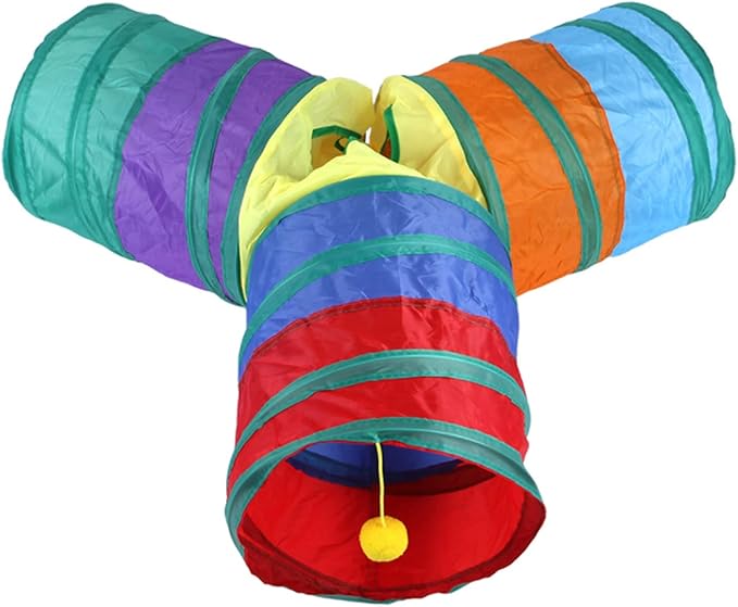 32Pcs Cat Toys Kitten Interactive Pet Toys Assortments, Foldable Rainbow Tunnel, Teaser Wand Fluffy Mouse Crinkle Balls Bell Play for Puppy Kitty (3 way)-PawvioPets