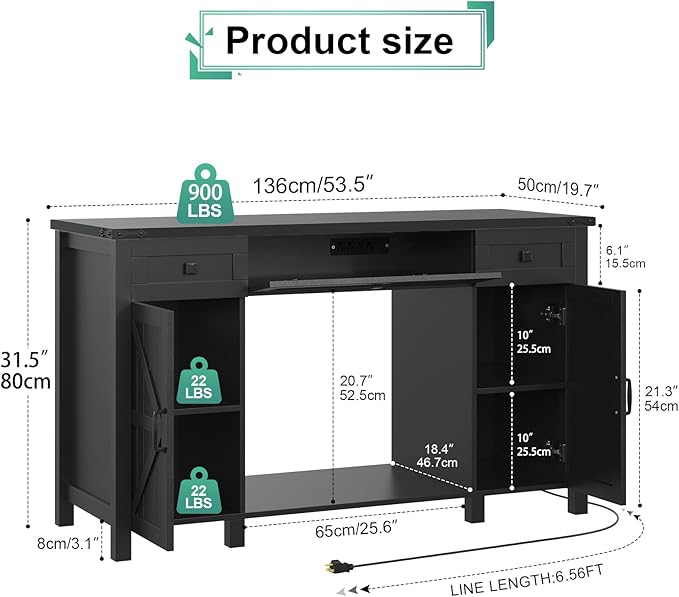 55-75 Gallon Aquarium Stand With Charging Station, Farmhouse Fish Tank Stand, Reptile Tank Stand Terrarium Stand with Drawer and Cabinet Storage, Sturdy Heavy Duty 53.5"×19.7" Tabletop - Black-PawvioPets